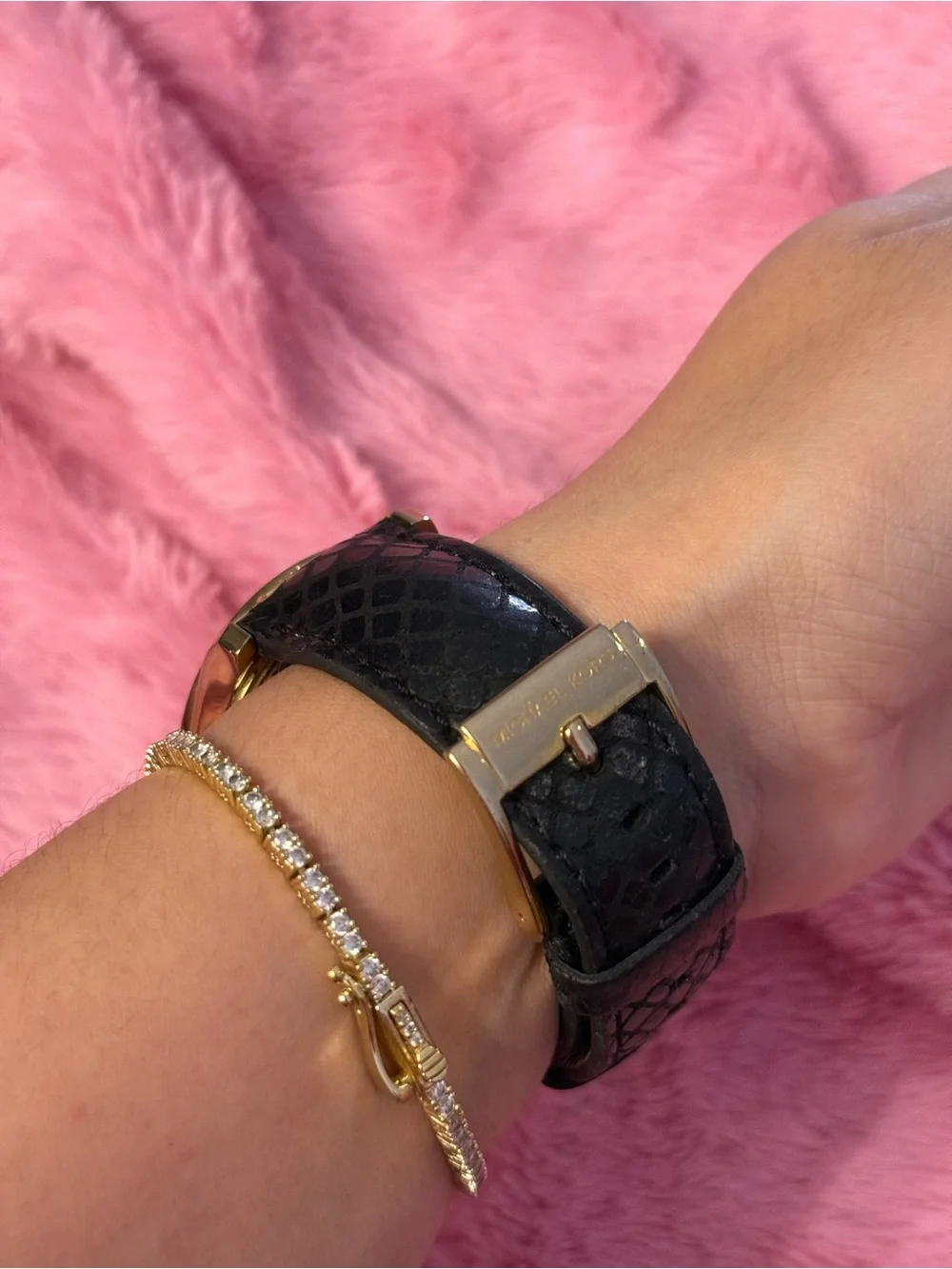Michael Kors Gold Crystal Dial Unisex Watch with Black Leather Strap